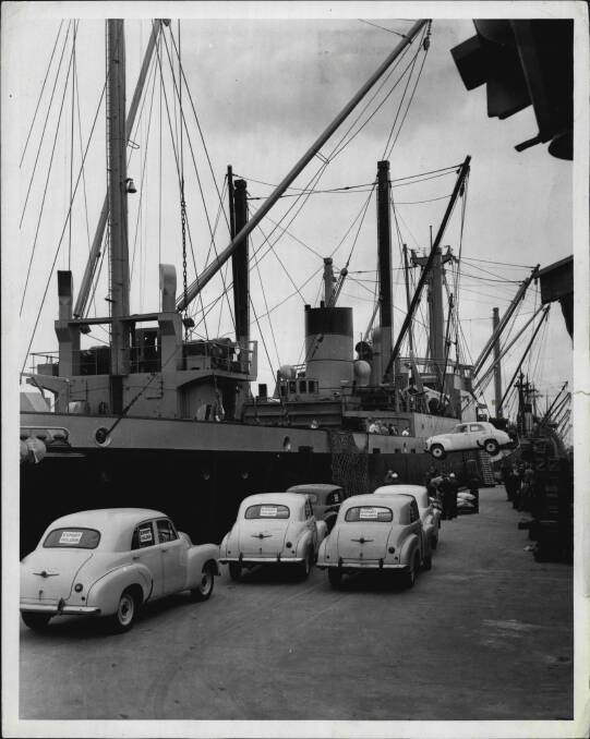 The first export Holdens, leaving for New Zealand in 1954. Picture: Fairfax archives