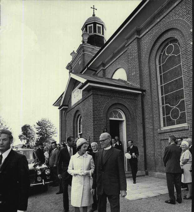 The Queen visits St Matthew's on April 30, 1970, escorted by the Bishop of Parramatta. Her letter of congratulations for the 200-year celebration is in the souvenir booklet. 