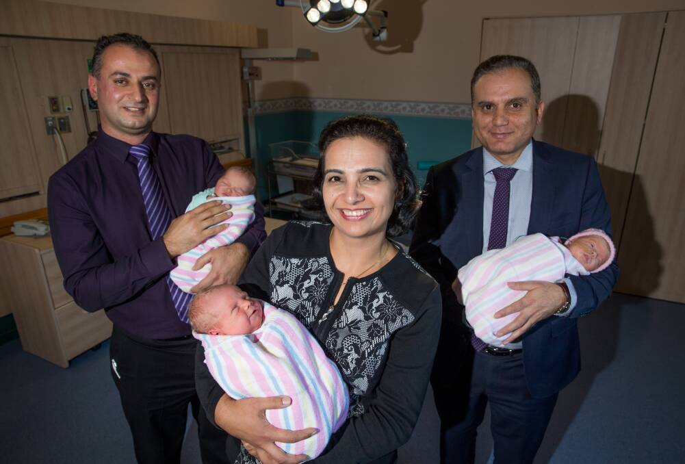 BIRTH BUDDIES: (From left) Dr Nader with Ethan Crawford, Dr Gulati with Ikin Edwards, and Dr Mariud with Harper Byrnes. Picture: Geoff Jones