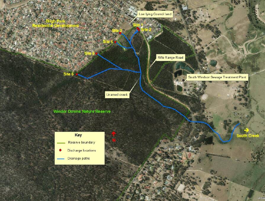 Map showing stormwater drainage paths from Bligh Park estate into the ephemeral creek through Windsor Downs Nature Reserve, which was polluted by South Windsor Sewage Treatment Plant in 2015.