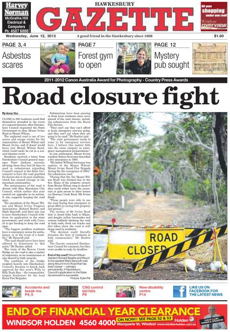 The Gazette front page three years ago presenting the evacuation problem the residents had, and their fight to have a second route off the mountains to Bells Line of Road.