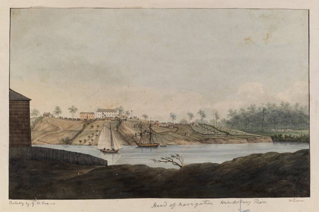 ‘The town of Windsor c.1811, as seen from the river opposite Thompson Square, thought to be by G.W. Evans. John Wright’s blacksmith shop was behind the far clump of trees on the right of the picture. Courtesy Mitchell Library