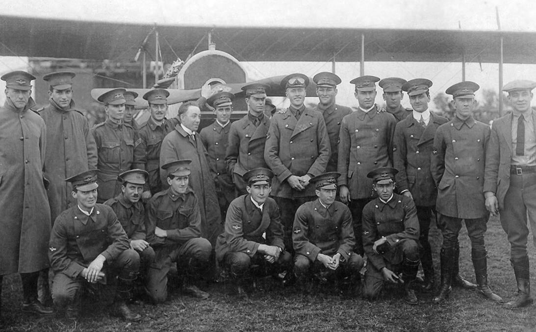 FIRST INTAKE: Line-up of student pilots from the first course at Richmond State Aviation School at the opening on August 28, 1916. Nigel is far left at the back. Picture: www.3squadron.org.au.