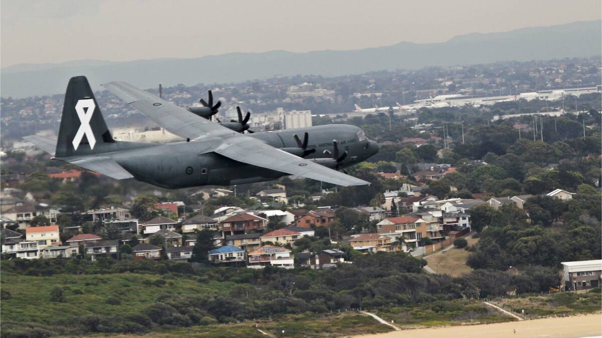 CRUISING FOR NO BRUISING: The RAAF's anti-domestic violence Hercules. Picture: Cpl David Said