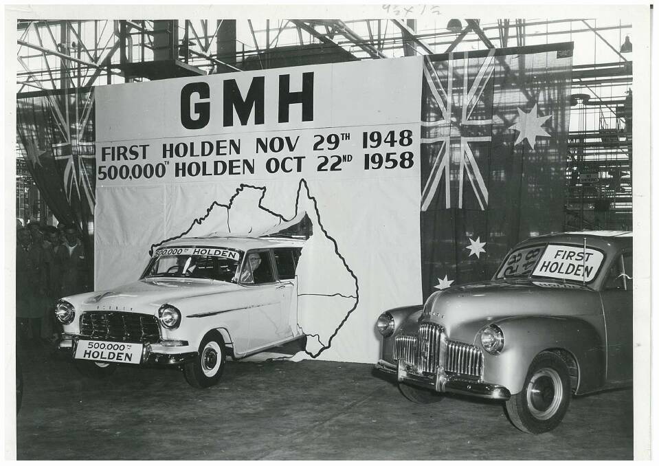 A publicity shot from the Fairfax archives celebrating half a million Holdens manufactured in 10 years.