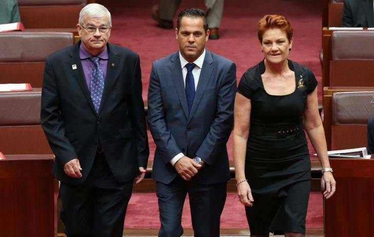 Senator Pauline Hanson and Senator Brian Burston welcomed Senator Peter Georgiou to the Senate, who replaced Rod Culleton as Senator for Western Australia for Pauline Hanson's One Nation at Parliament House in Canberra on May 27. Photo: Andrew Meares