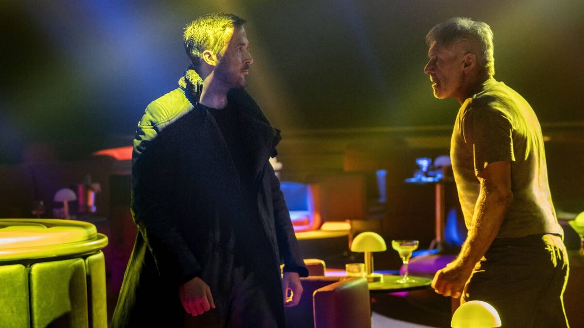 Old and new: Ryan Gosling and Harrison Ford face off as K and Rick Deckard in Blade Runner 2049, rated MA15+ and in cinemas now.