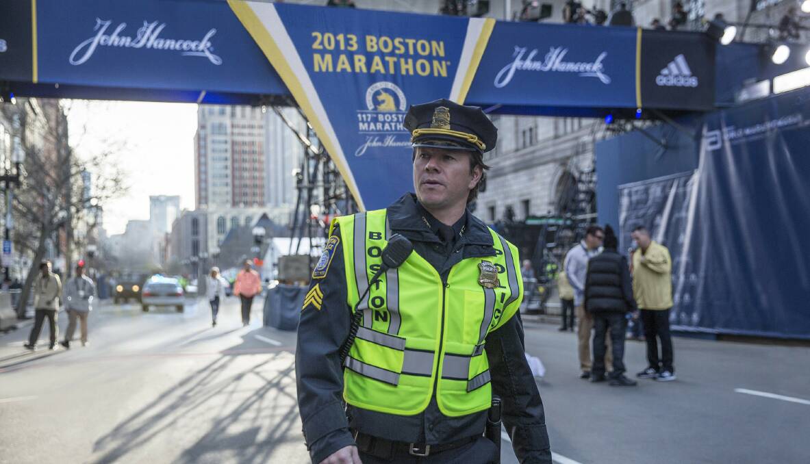 Recent history: Mark Wahlberg plays Boston police officer Tommy Saunders in Patriots Day, about the 2013 Boston Marathon bombing. The film is in cinemas now and rated M.