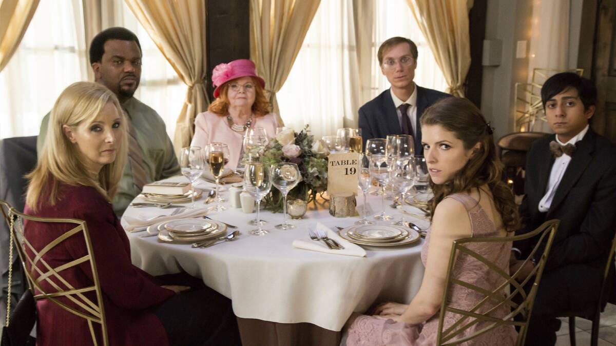 Awkward: From left, Lisa Kudrow, Craig Robinson, June Squibb, Stephen Merchant, Anna Kendrick and Tony Revolori in Table 19, rated M, in cinemas now.
