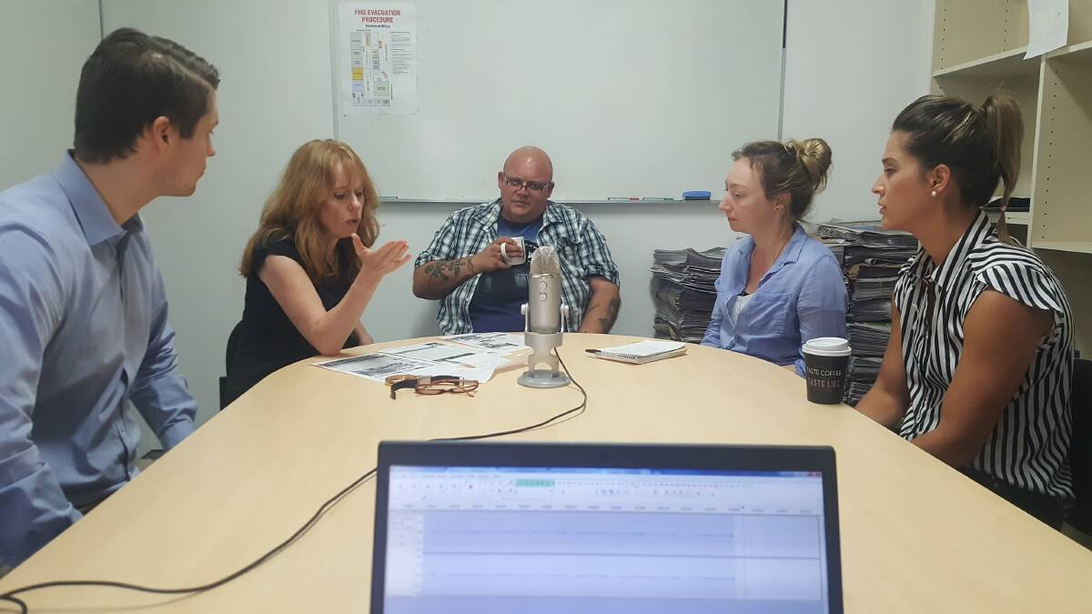 PODCAST CREW: Hawkesbury Gazette journalists Conor Hickey, Justine Doherty, Sarah Falson and Anna Russell, with editor Matt Lawrence (centre).