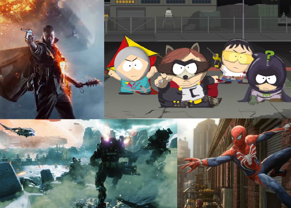 Clockwise, from top left: Battlefield 1, South Park the Fractured but Whole, Spider-Man, Titanfall 2.