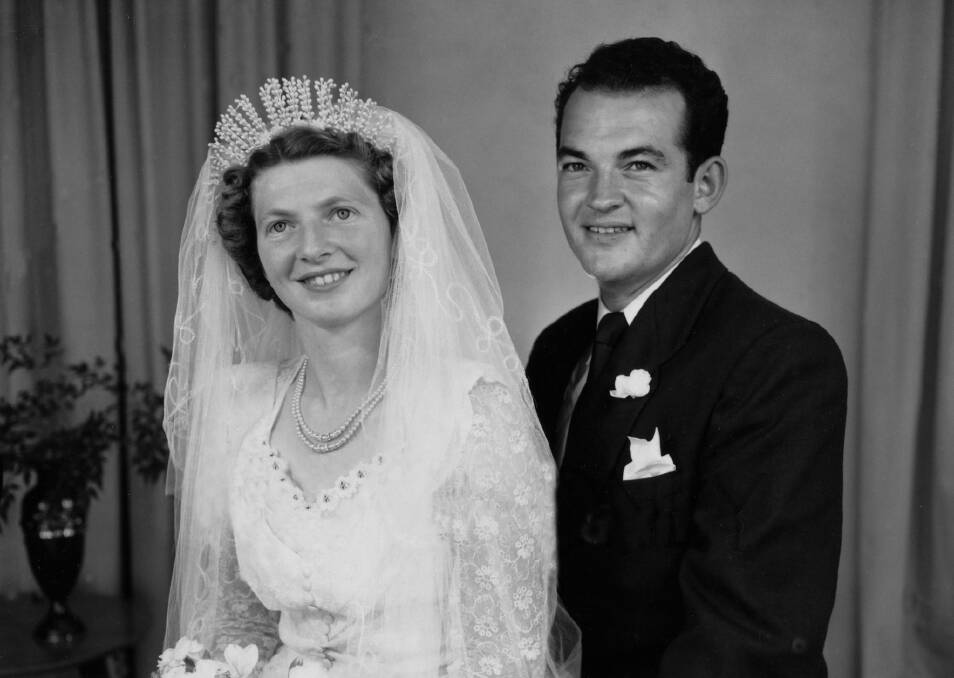 HAPPY: Margaret and Geoffrey Follett at their 1956 wedding at St Paul's Anglican Church in Riverstone. Picture: Supplied