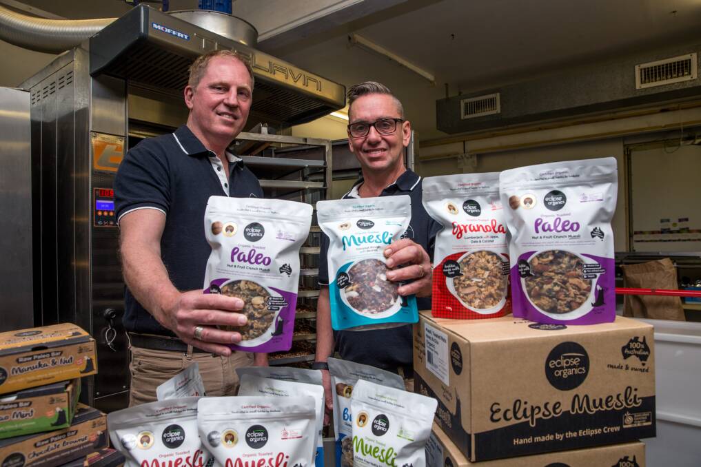 Eclipse Organics owners Brett Monaghan and Jonny Ginis at their Richmond factory. Pictures: Geoff Jones