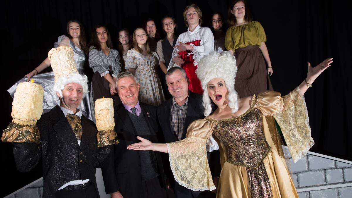 SPECTACULAR: Richmond Players president Sean Duff with Richmond High School principal Cliff Ralph (tie), cast members Sam O'Hare and Ben Curran and Richmond High student cast members promoting the upcoming production of Beauty and the Beast. Picture: Geoff Jones