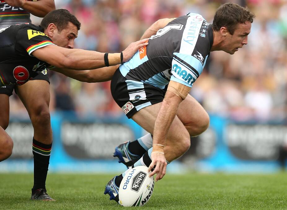 James Maloney crosses the try line for the Sharks in their win against the Panthers during round seven. Picture: Getty Images