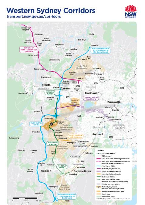 A Transport for NSW document showing the proposed connection between Bells Line of Road and the M7 (the pink line),  the proposed M9 (the blue line).