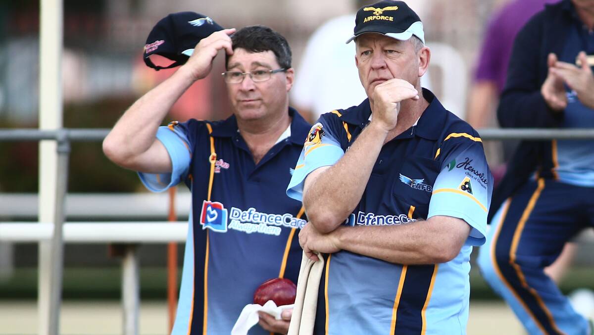 BOWLED: Brian Comley and Gerard Harkins at the RAAF's bowling tournament, held at the Windsor Bowling Club. Picture: Geoff Jones
