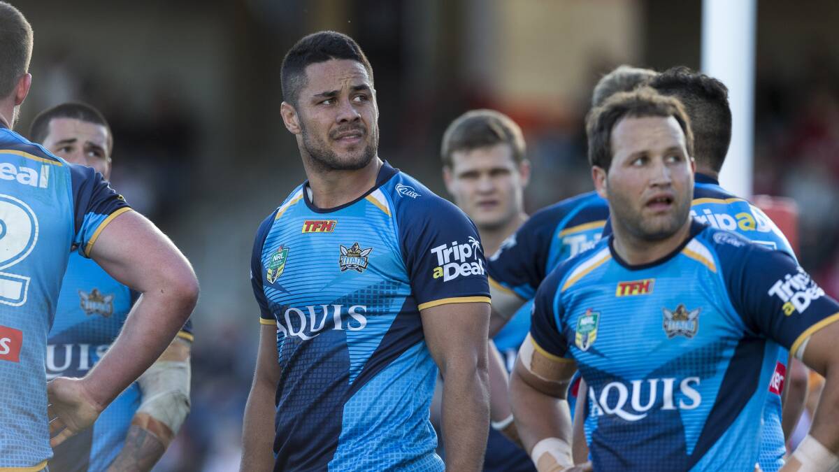 Gold Coast Titans player Jarryd Hayne reacts after the Titans conceded a try to the Titans. Picture: AAP Images