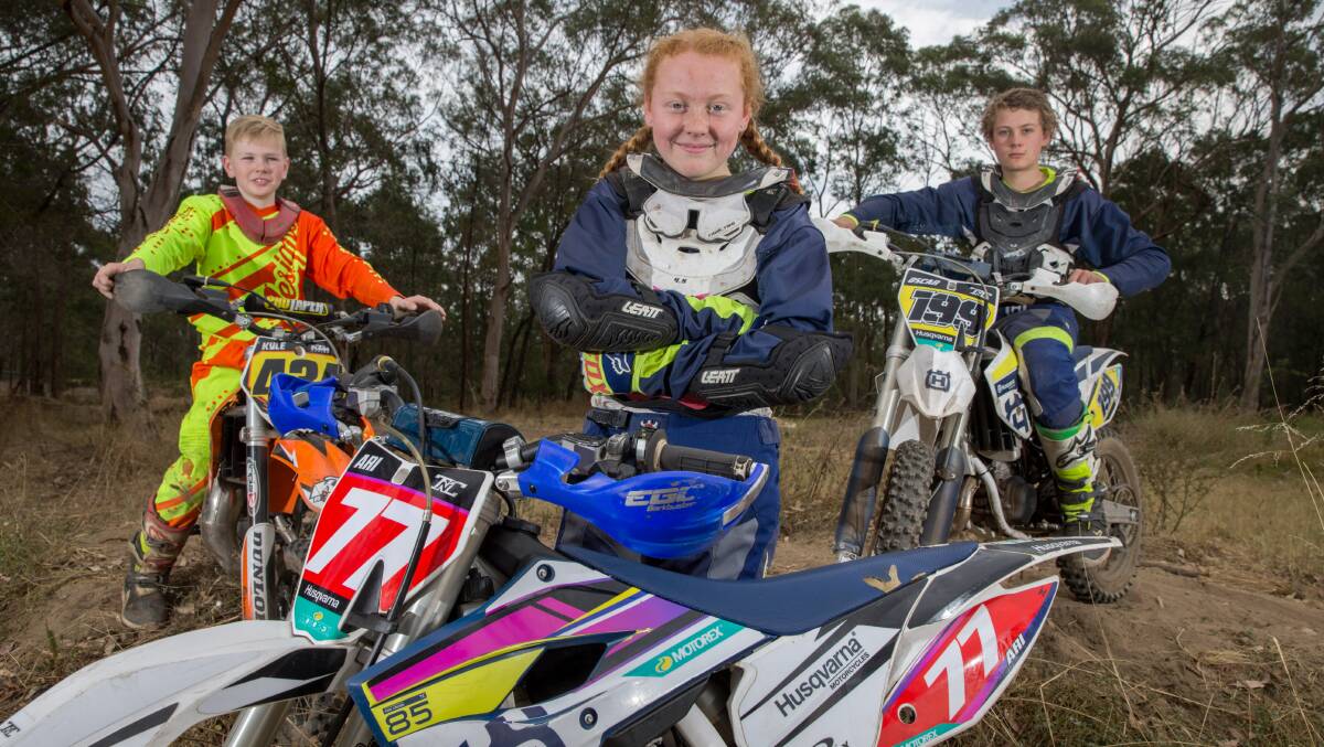 Hawkesbury ensuro riders Kyle Sandstrom, Ariana and Oscar Collins love ripping through the bush or going out for an endurance race meeting. Picture: Geoff Jones