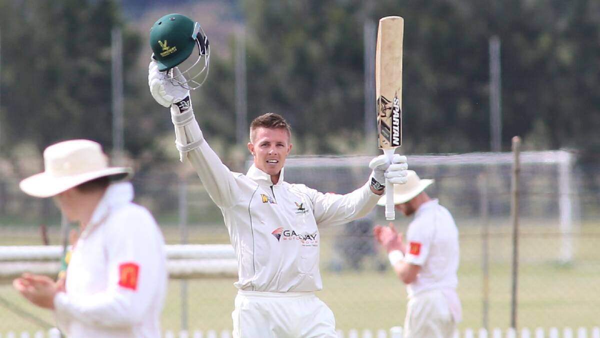 Josh Clarke, pictured in round two, celebrates scoring a century. At the weekend, he set the highest score made by a first grade batsman for the club. Picture: Geoff Jones