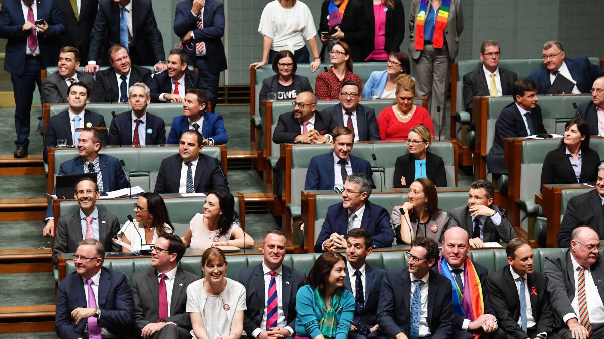 The members voting yes on the Marriage Amendment Bill in the House of Representatives at Parliament House in Canberra on December 7.Picture: AAP Image/Mick Tsikas