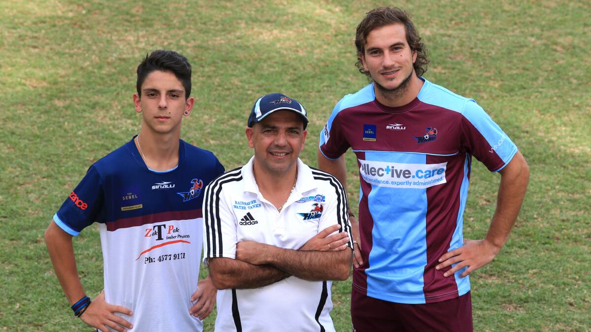 Uruguayan Hawkesbury City Football Club members Allen Yuletian and dad Gustavo, with new recruit Joaquin Veliz. Picture: Geoff Jones