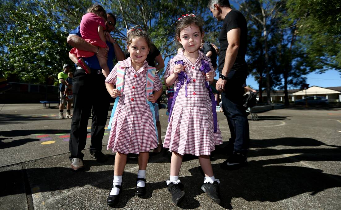 The two Charlottes:  Charlotte Watt and Charlotte Gavrilovic start their first day at school. Picture: Geoff Jones