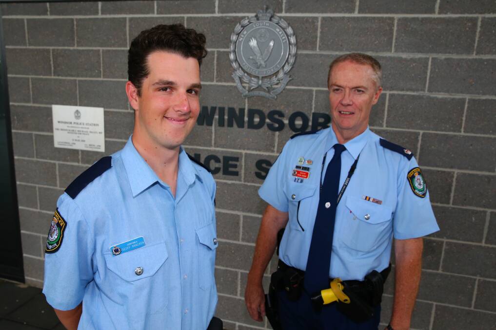 On the job: Hawkesbury PAC's newest recruit Constable Geoff Bracken with Inspector Peter Jenkins at Windsor Police Station. Picture: Geoff Jones.