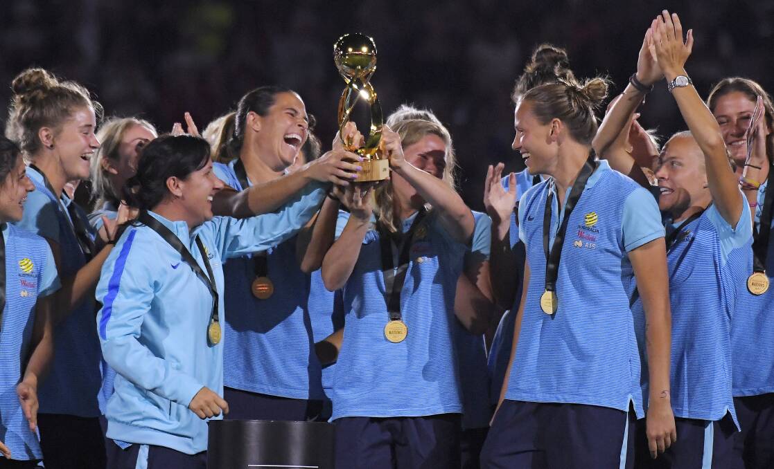 Winning feeling: The Matildas defeated traditional footballing powerhouse Brazil 6-1 in the Tournament of Nations final in early August. Picture: AP Photo/Mark J. Terrill