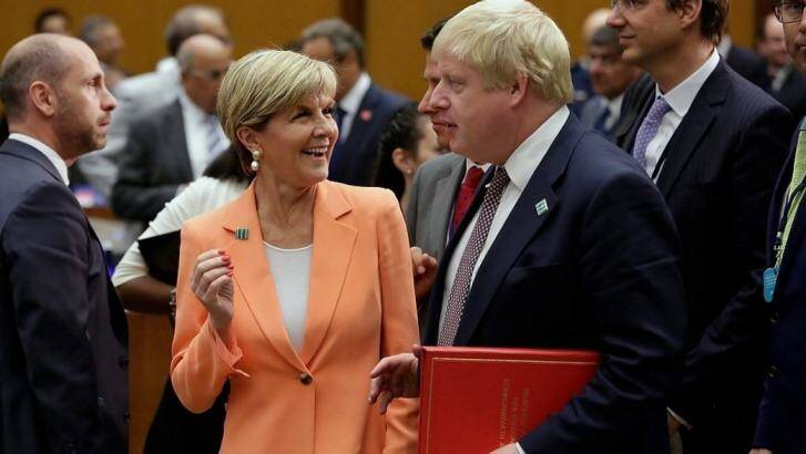 Foreign Minister Julie Bishop and UK Foreign Secretary Boris Johnson at Counter-ISIL Coalition Foreign and Defence Ministers' meeting in Washington on Thursday. Photo: Twitter/Julie Bishop
