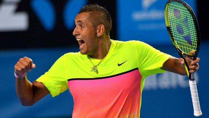 'Best competitor since Lleyton': Nick Kyrgios reacts to the momentum shifting in his favour against Andreas Seppi. Photo: Joe Armao