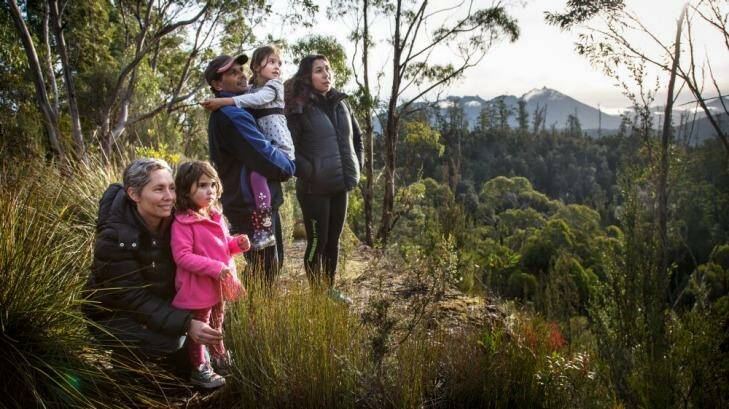 Members of the Tasmanian Aboriginal community looking over forests in the Florentine Valley in southern Tasmania. Photo: Peter Mathew