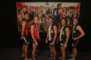Young Saints Tom Hickey, Jimmy Webster, Nathan Wright, Josh Saunders and Jack Newnes at   the Seaford clubrooms. Photo: Michael Clayton-Jones