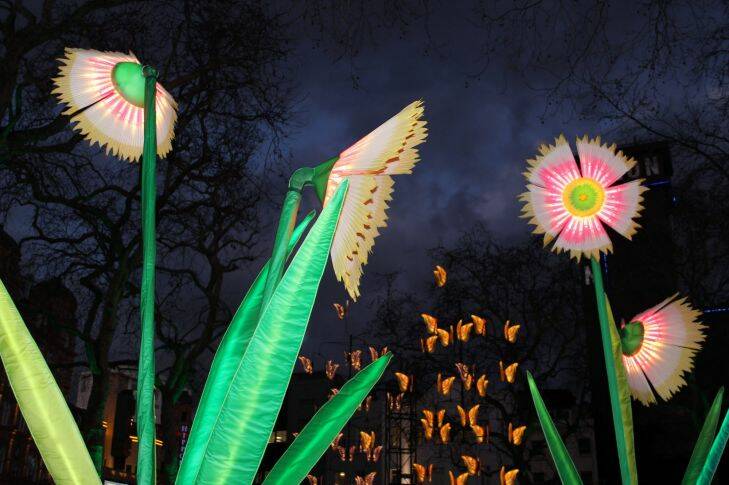 An oversized light garden in Leicester Square for London's light festival - Lumiere.?? 
