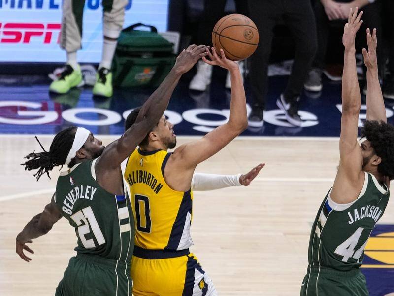 Pacers guard Tyrese Haliburton (centre) hits the game-winning basket against Milwaukee. (AP PHOTO)