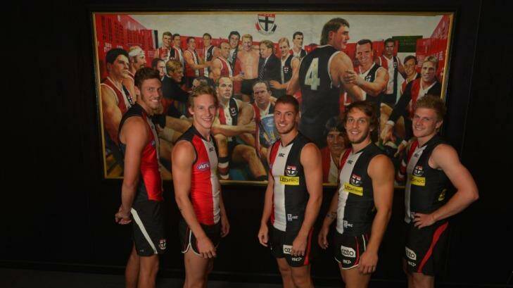 Young Saints Tom Hickey, Jimmy Webster, Nathan Wright, Josh Saunders and Jack Newnes at   the Seaford clubrooms. Photo: Michael Clayton-Jones
