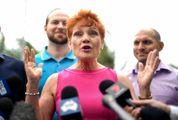 One Nation leader Pauline Hanson gestures during a press conference at Yeppoon, Wednesday, November 8, 2017. Hanson is conducting a regional tour of the state as part of the Queensland election campaign, speaking to residents about the major issues for them leading into the election. (AAP Image/Dave Hunt) NO ARCHIVING