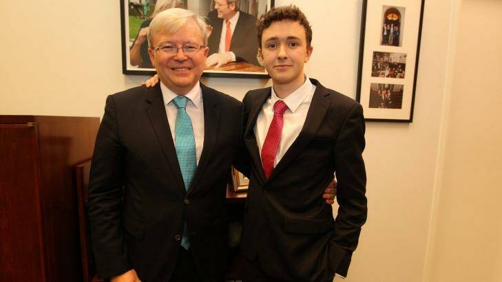 Labor MP Kevin Rudd poses for photos with his son Marcus after annoucning his resignation at Parliament House in October 2013. Photo: Alex Ellinghausen
