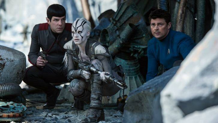 Jaylah (centre) played by Sofia Boutella provides one of the film's successful juxtapositions when she teams up with Scotty. But the familiar - such as Zachary Quinto's dry Spock, left - quickly gets dull. Photo: Kimberley French