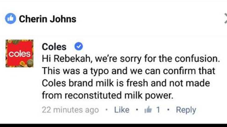 Missing a word: A Coles Facebook comment apologies for the "typo." Photo: Facebook
