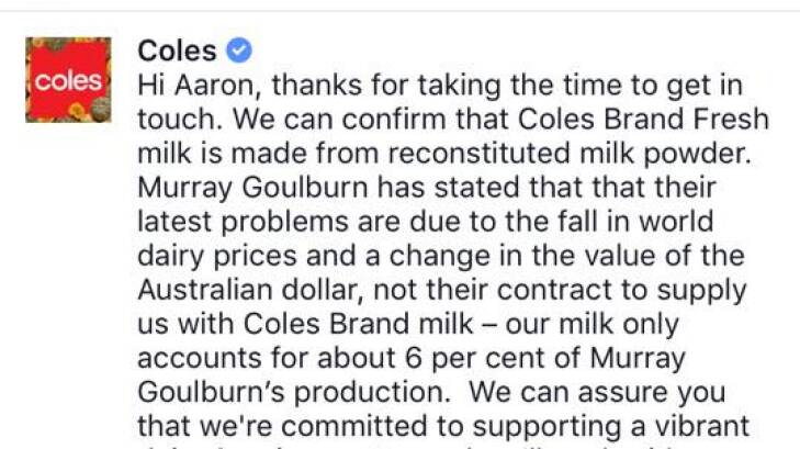 The Coles Facebook comment that said their fresh milk as "reconstituted milk powder." Photo: Facebook