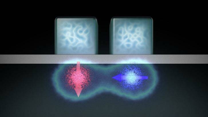 An artist's impression of the two-qubit logic gate device developed by UNSW. Each electron qubit (pictured red and blue) has a "spin", or magnetic field. Photo: Supplied