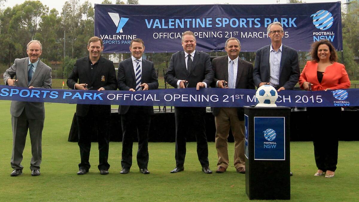 Unveiled: Member for Riverstone Kevin Connolly, Blacktown City Mayor Steve Bali, FNSW CEO Eddie Moore, FNSW Chairman Greg O’Rourke, Tony Valentine, FFA CEO David Gallop and Member for Greenway Michelle Rowland. Picture: Supplied