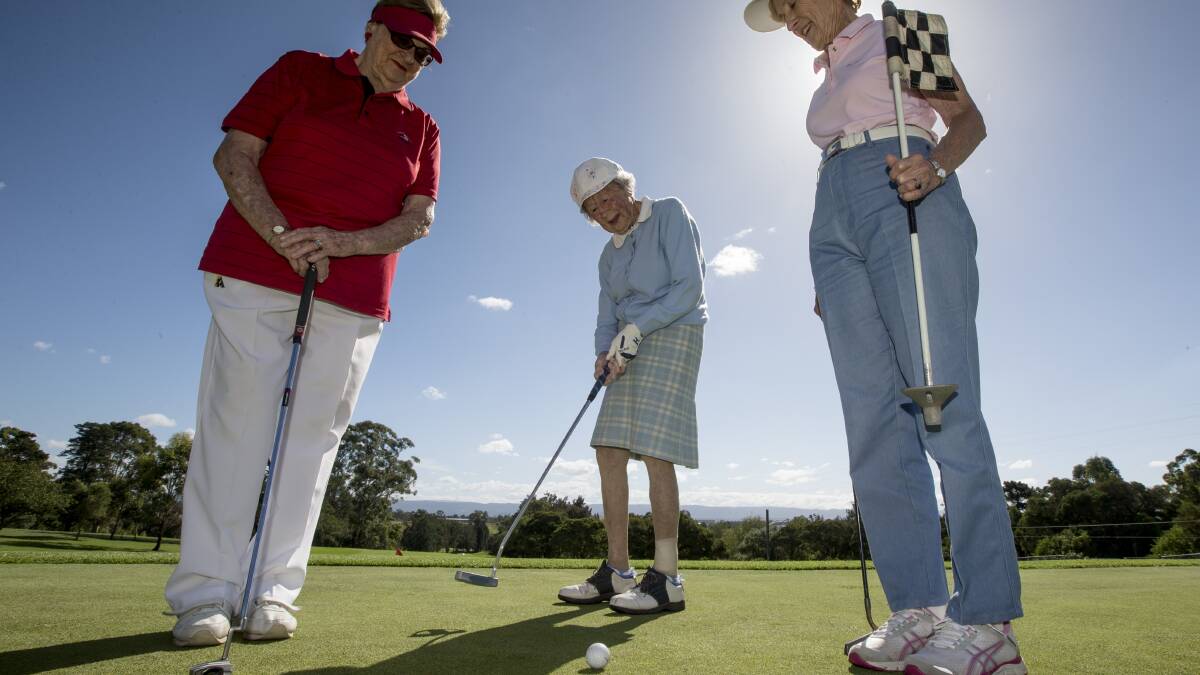 Good cause: Pat Williams, left, (Charity Golf Day Co-ordinator) with 94 year old Hazel Hagar and Pam Galloway promoting the upcoming Hawkesbury Hospital Auxiliary Charity Golf Day at Windsor Golf Club. Picture: Geoff Jones.