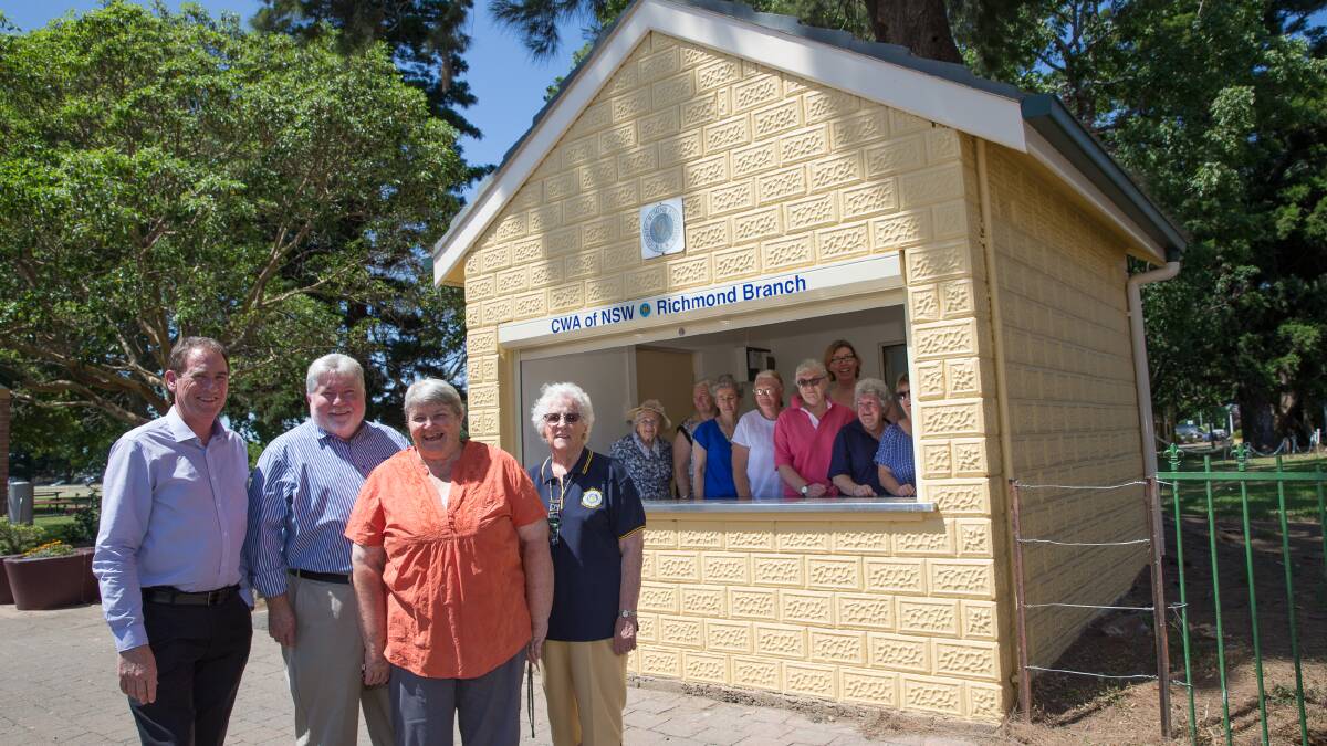 MP Bart Bassett and Mayor Kim Ford with CWA president Lynne Dunn, vice-president Margaret Tye and members of the CWA at the hut in Windsor Street.  Picture: Geoff Jones
