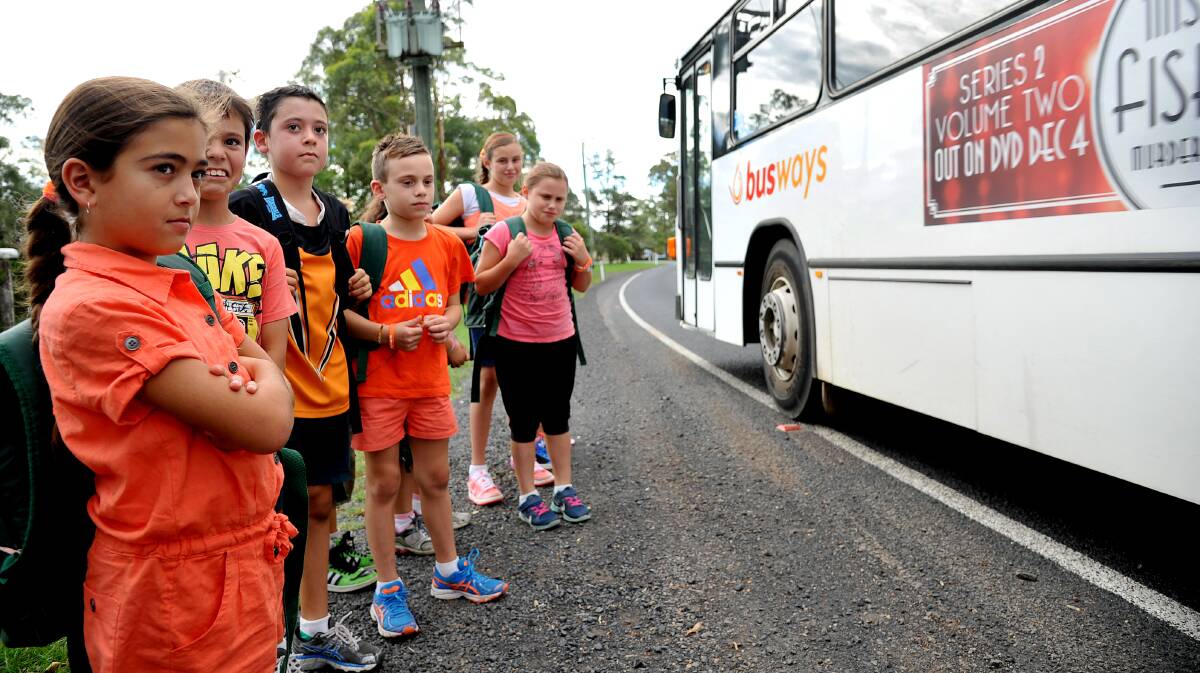  Laura Vella, 8; James Bugeja, 9; Luke Bugeja, 10; Billy Tanti, 8; Latisha Whiffen-Briski, 10 and Georgia Tanti, 10, stand on Pitt Town Road at Oakville, where inconsistent bus services have parents up in arms. Picture: Kylie Pitt
