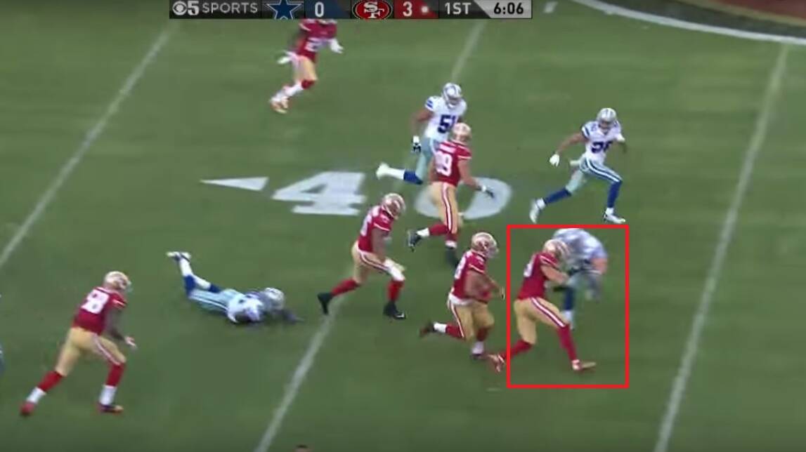 The final block before Hayne is tackled by the punter. Bruce Miller shows up again and cleans up the Dallas player trying to make the tackle.