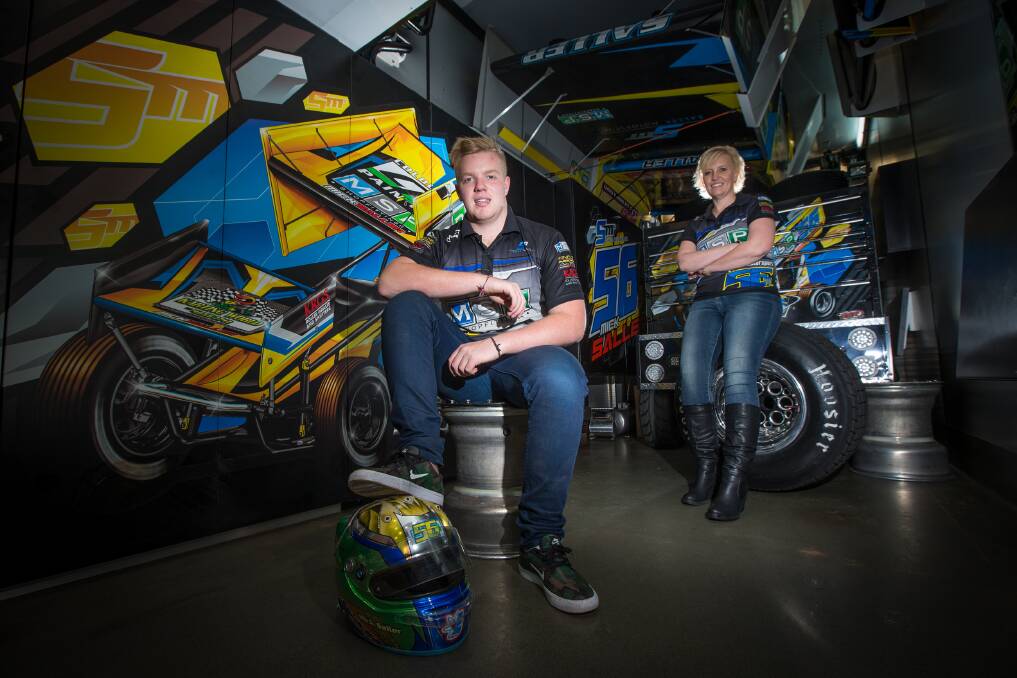 Desire for speed: Mick Saller with mum Monika at the Saller Motorsports garage. Picture: Geoff Jones