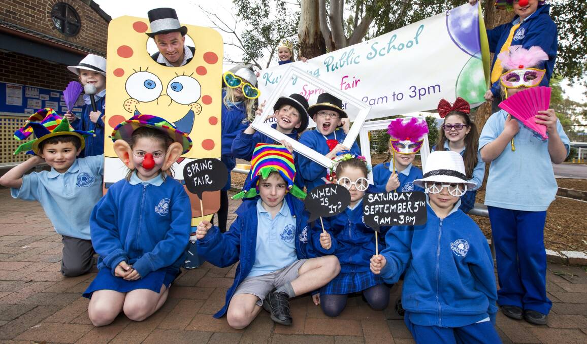 Kurrajong Public School principal Sean Montgomery and students dressed up for the upcoming school spring fair. Picture: Geoff Jones.