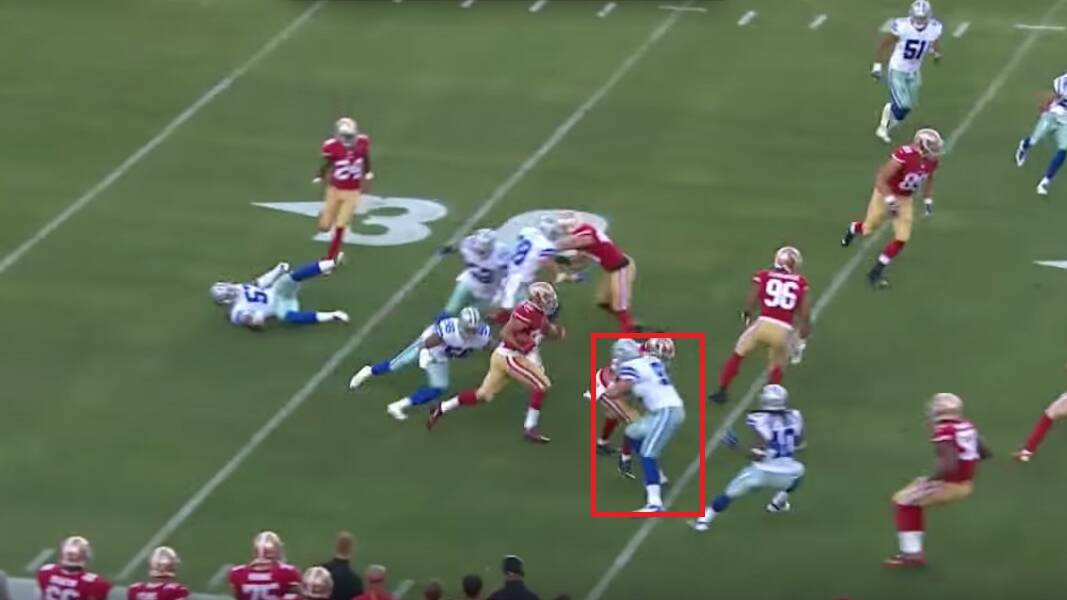 Hayne slips through an arm tackle and follows his blockers. The red box shows the next block in the sequence which allows the play to continue.